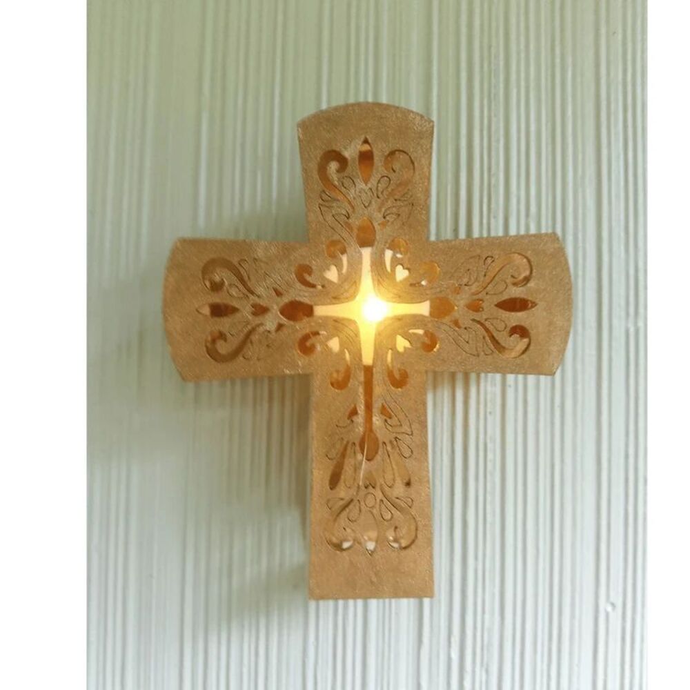 Wooden Cross Light, LED battery light, Pierced Scroll Design, 5.6inches